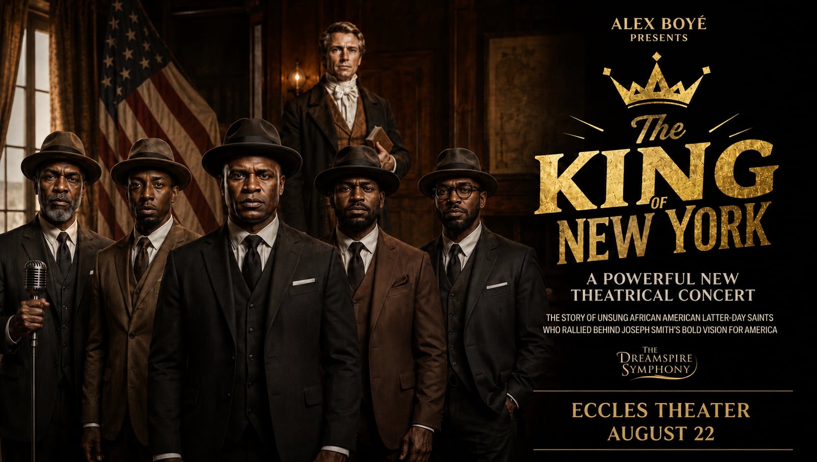 Five Black pioneers stand before Joseph Smith in a 19th-century study, beneath the gilded title The King of New York